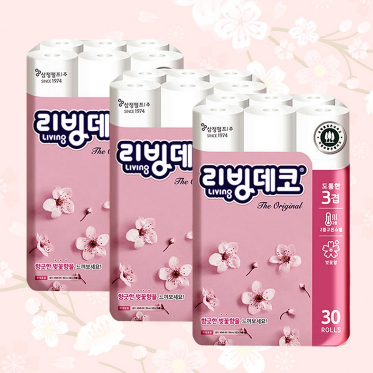 [무료배송][구매쎈스 GUSSEN] 삼정펄프 리빙데코 벚꽃향 30M 3겹30롤 메이저브랜드 화장지 빵빵한 휴지